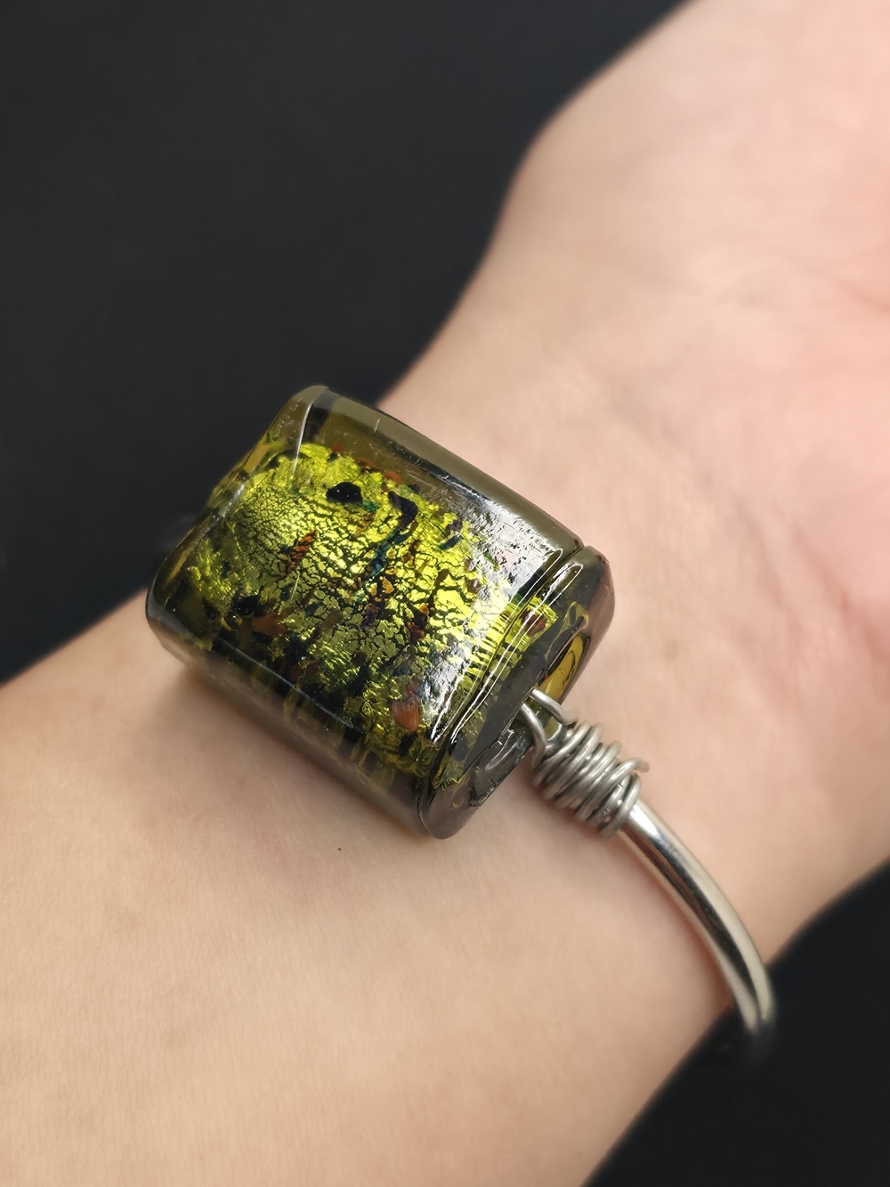 Artisan Fused Dichroic Glass Cuff Bangle Silver Tone